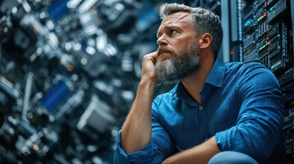 IT workers sitting in silence after a major server crash, pressure and stress of managing critical technical issues