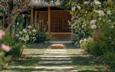 Obraz premium A quiet, flower-filled garden surrounded by lush plants, where a meditation cushion sits on a stone path bathed in gentle sunlight.