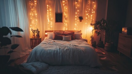 Cozy Bedroom with Warm Fairy Lights and Soft Textiles