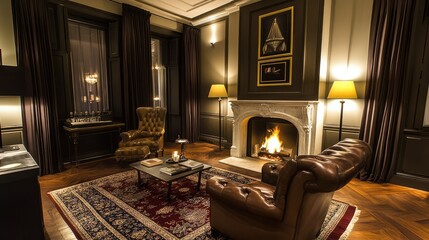 Fototapeta premium Cozy Elegant Living Room with Fireplace