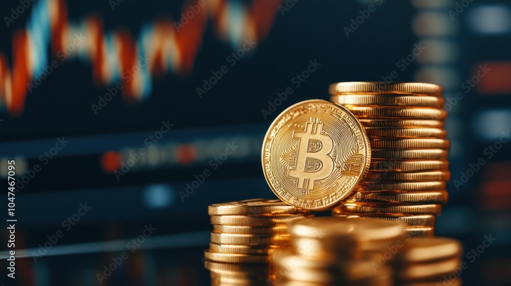 Poster stack of bitcoin coins with market chart in background