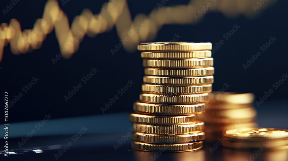 Poster stack of bitcoin coins with market chart in background