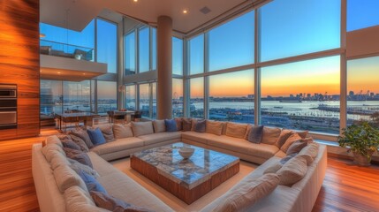 Fototapeta premium Modern Sunlit Living Room with Stunning City View