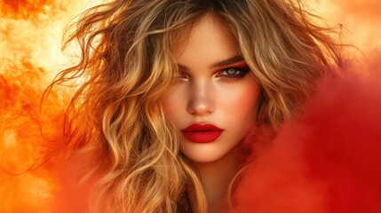 Fototapeta premium With her striking red lips and flowing blonde hair, the woman stands confidently, surrounded by colorful smoke and flames, showcasing powerful beauty and strength