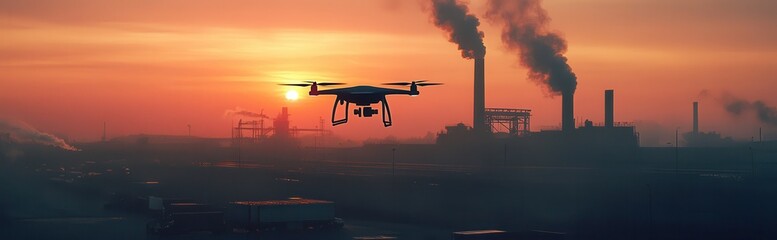 Drone industry advancements at sunset showcase technology evolution, futuristic solutions, and a theme of advanced tech.
