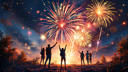 Fireworks Enthusiasts Watching Pyrotechnic Display in the Night Sky,Synchronized Pyrotechnics Display for Fireworks Enthusiasts