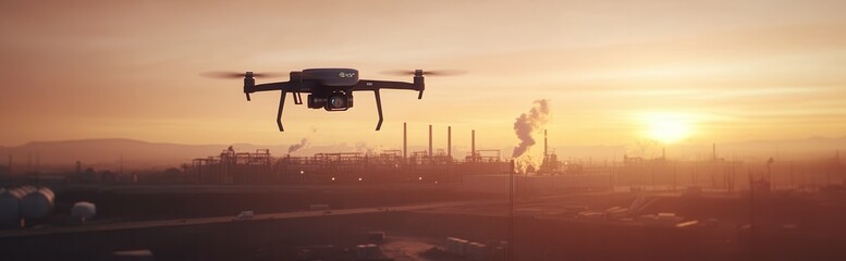 Drone industry advancements at sunset showcase technology evolution, futuristic solutions, and a theme of advanced tech.
