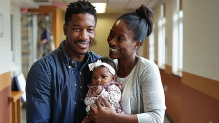 A joyful family portrait in a warm hospital corridor with a newborn baby during an early morning visit - Powered by Adobe