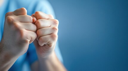 Naklejka premium Close-up of clenched fists in blue hoodie