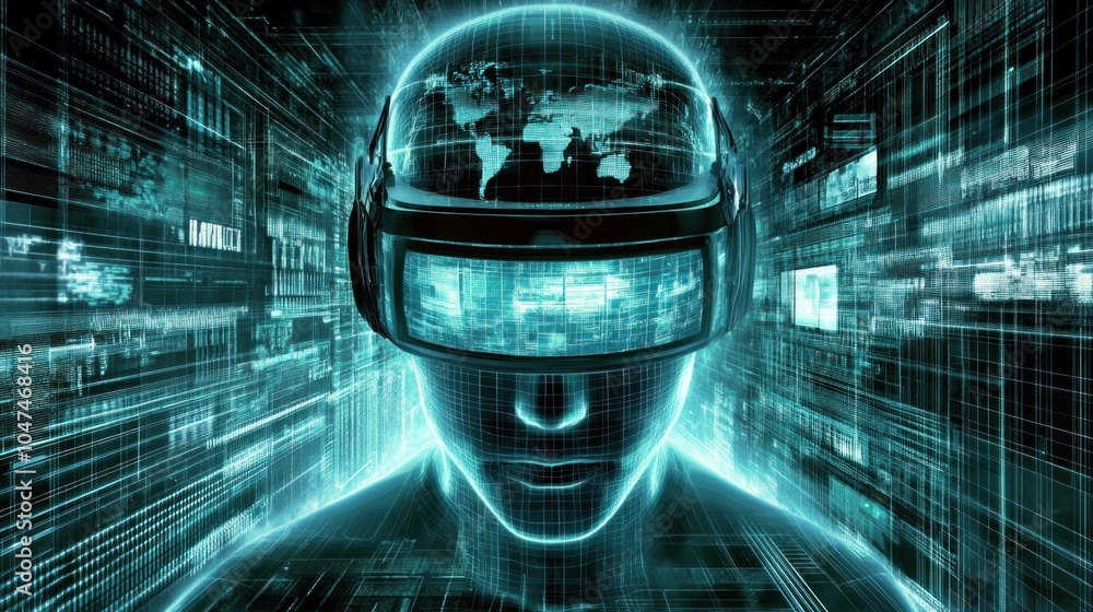 Poster a person is wearing a virtual reality headset, surrounded by vibrant data streams and glowing graphi