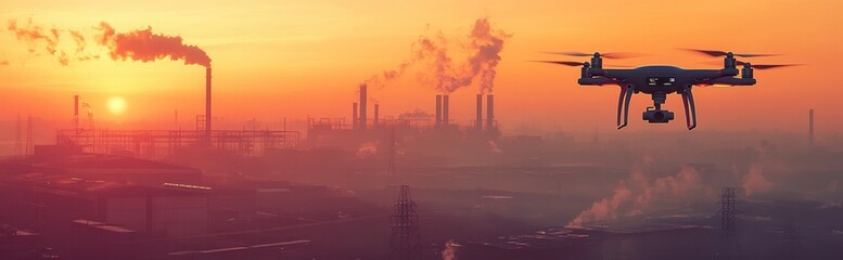 Drone advancements in the industry at sunset showcase technology evolution, futuristic solutions, and a high-tech theme.