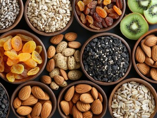 Naklejka premium Overhead shot of an assortment of dried fruits, nuts, and seeds in wooden bowls, AI generated