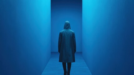 Isolated Figure in a Blue Corridor