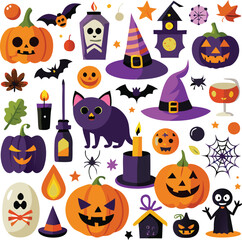 Halloween Illustration With Pumpkins, Bats, and Witches