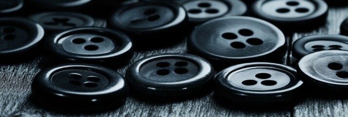 Fototapeta premium Close-up of scattered black buttons on dark surface