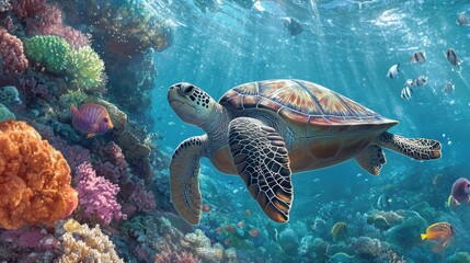 Colorful Turtle Swimming in Vibrant Coral Reef Scene