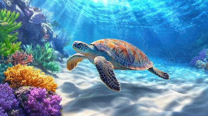 Fototapeta premium Colorful Turtle Swimming Through Vibrant Coral Reef