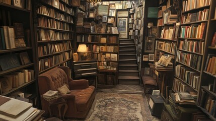 Obraz premium Cozy Library with Bookshelves and an Armchair