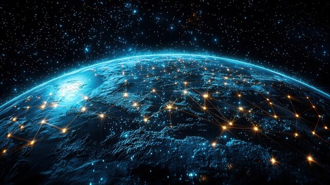Aerial view of Earth illuminated by digital connections against the backdrop of space, showcasing global networks and technology