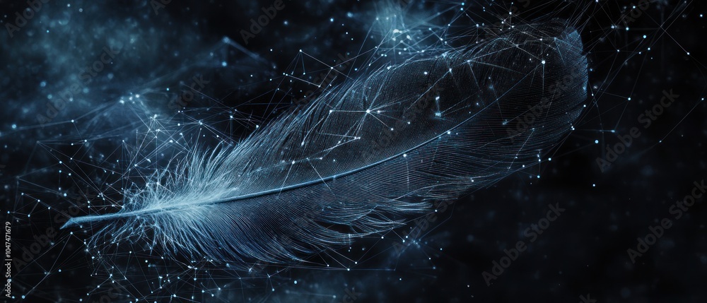 Poster a delicate feather intertwined with cosmic elements, symbolizing connection and exploration.