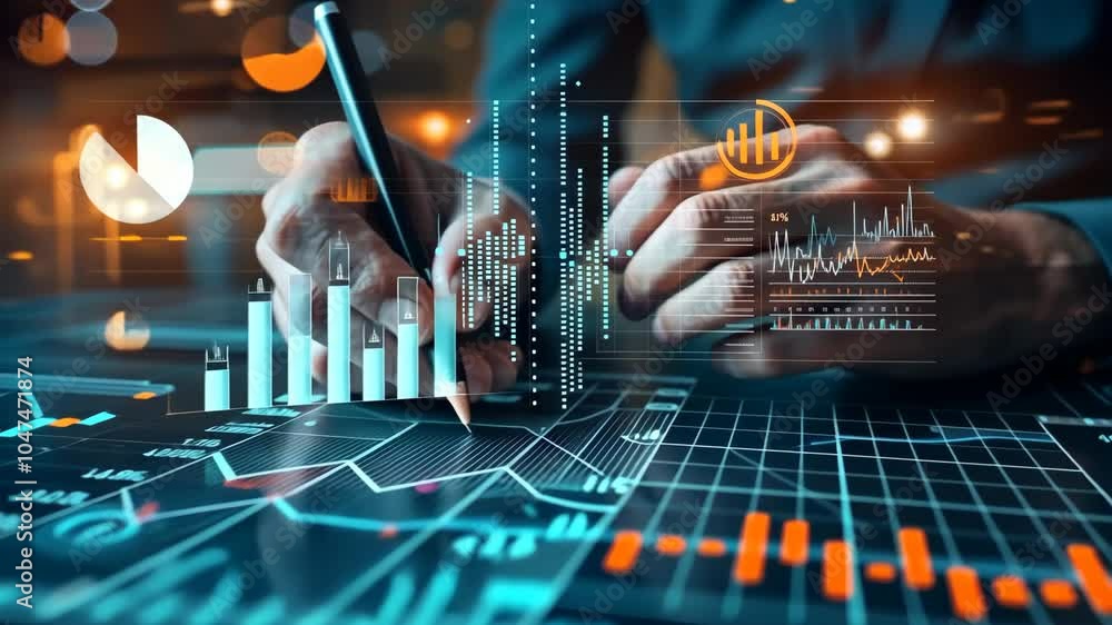 Poster analyzing financial data with advanced technology and charts in a modern workspace during the late e