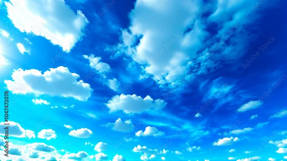 Poster the sky is blue with many clouds. the clouds are scattered throughout the sky, and some are larger t