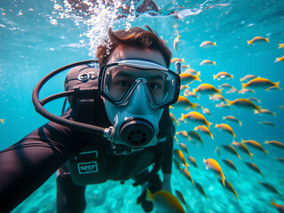 A man in a scuba mask captures underwater moments with a camera, ready for an adventurous exploration.