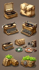 Vintage travel and writing supplies, including typewriters, suitcases, camera and records.