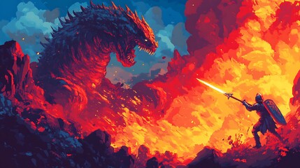 fiery red lava zone with a brave knight battling a simplistic pixel art monster in a vivid retro style