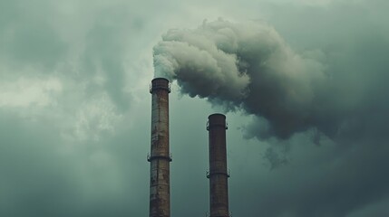 Industrial smoke stacks with pollution against a cloudy sky, environmental concern