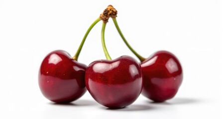 Juicy red cherries glistening with freshness, beautifully arranged against a clean white background, capturing the essence of summer's bounty