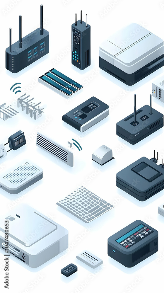 Poster an assortment of various electronic devices for home automation and smart technology.