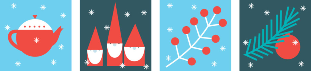 Christmas and Happy New Year. Winter Holiday. Merry Christmas modern design, holiday gifts, winter elements, candles, Christmas tree, village and Xmas decorations.	
