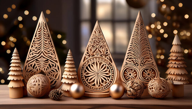Wooden decorations add festive cheer to Christmas scenes with intricate carvings. _1(764)
