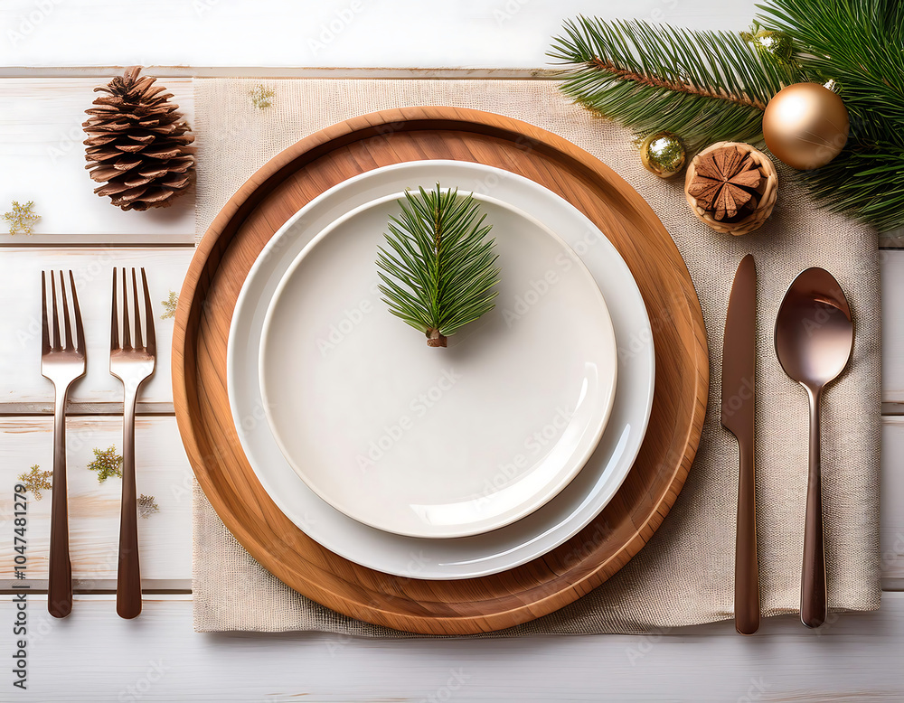 Poster wooden christmas table setting features decorations on a white surface with empty space_1(760)