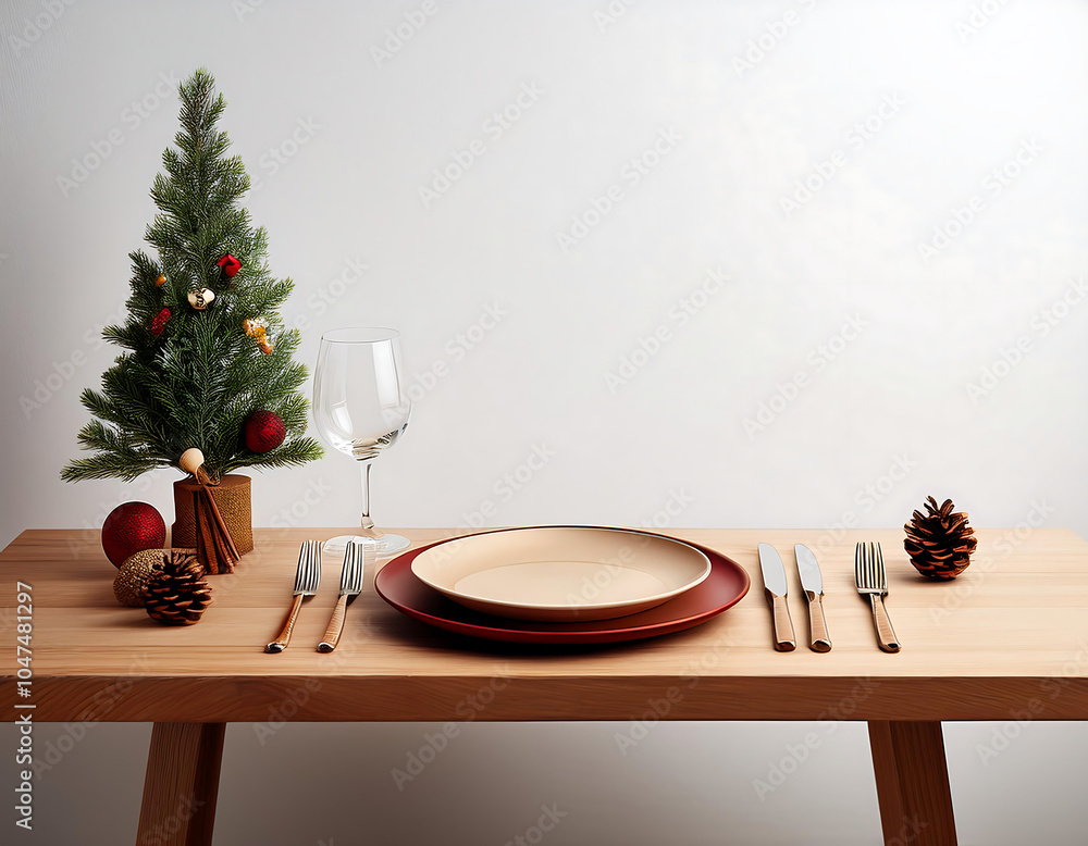 Poster wooden christmas table setting features decorations on a white surface with empty space aro_1(759)