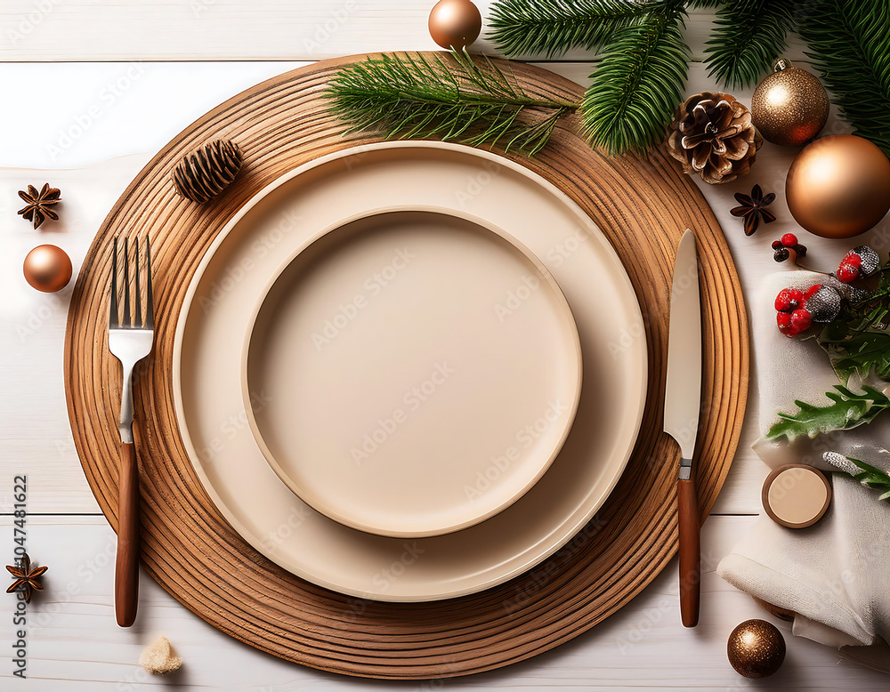 Poster wooden christmas table setting features decorations on a white surface with empty space aro_1(757)
