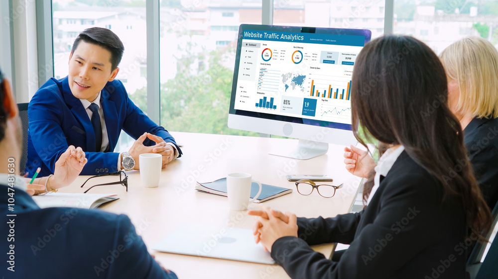 Poster computer software for website traffic analytics data on computer screen. concept of seo search engin