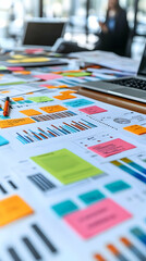Close-up of a desk with a laptop, papers, and colorful sticky notes.