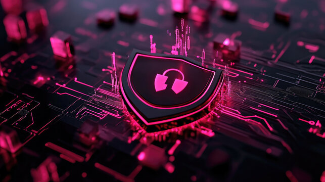A vibrant, digital shield emblem on a circuit board background, symbolizing cybersecurity and protection, highlighted by pink neon effects.