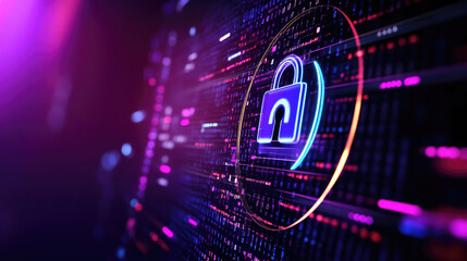 A digital lock icon surrounded by vibrant, colorful lights symbolizes cybersecurity and data protection in a modern, tech-inspired design.