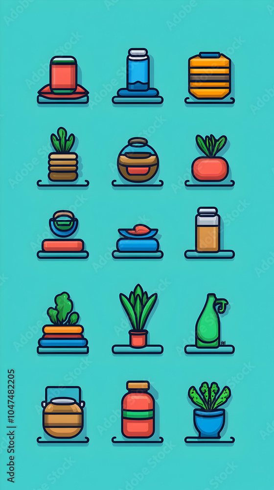 Poster collection of 15 colorful icons with various objects.