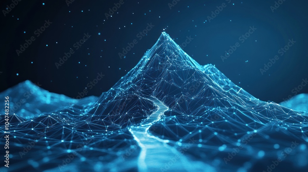 Poster a digital representation of a mountain landscape with a network of glowing lines and nodes.
