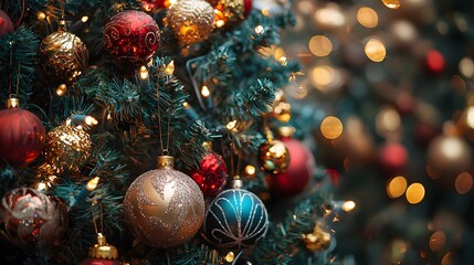 Colorful elegant ornaments sparkle on Christmas tree with lights softly glowing. Seasonal celebration and holiday decor content