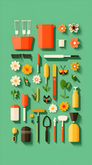 Colorful flat design icons of gardening tools and flowers on a green background.