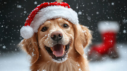 A cute golden retriever dog wearing a Santa hat, smiling and looking at the camera, with snowflakes falling in the background and red boots visible behind it