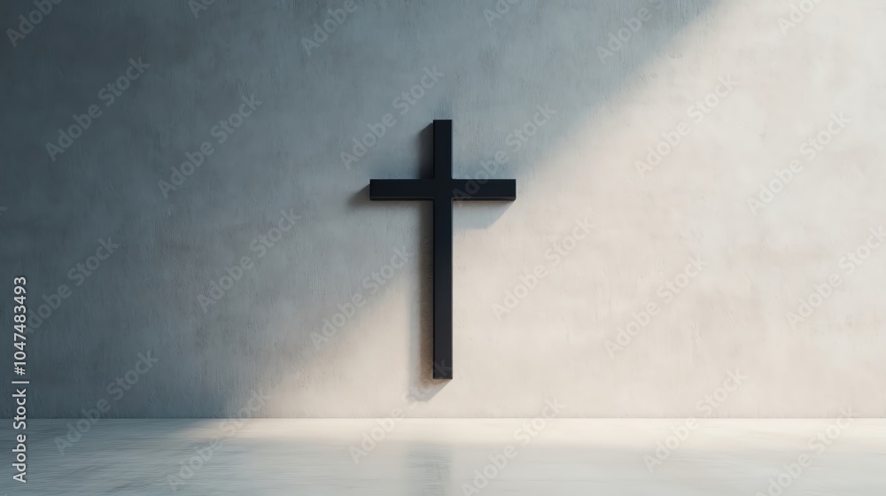 Poster minimalist depiction of a cross on a pale wall, with soft illumination creating a calm and contempla