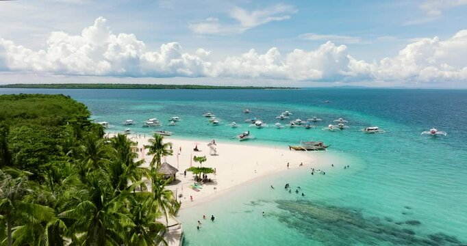 Aerial drone of beautiful sandy beach on a tropical island. Virgin Island, Philippines.