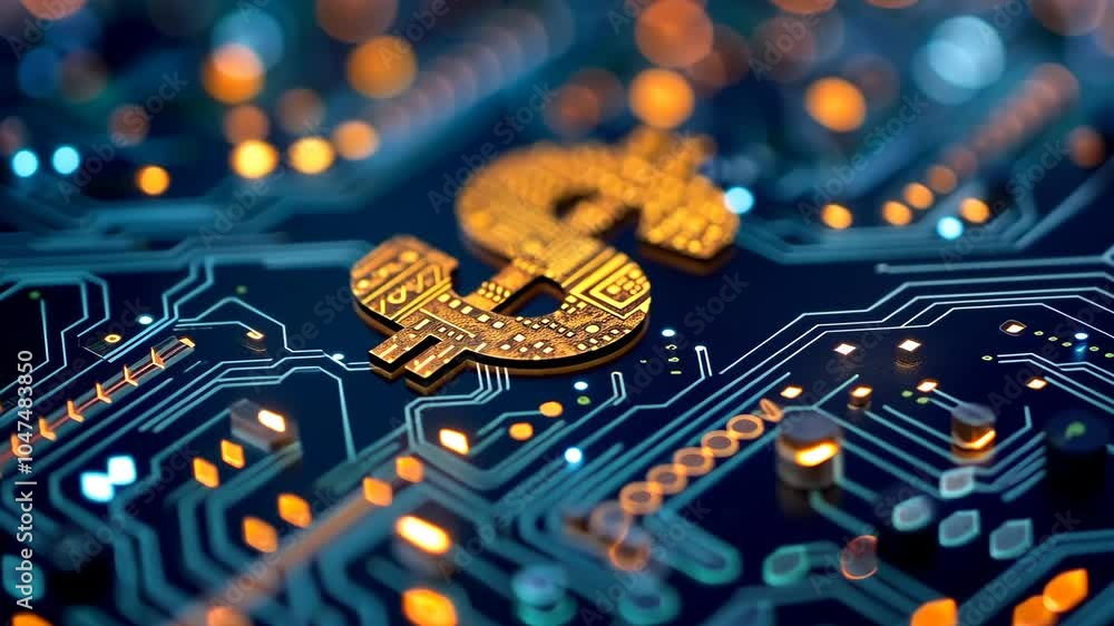 Poster exploring the integration of currency and technology in modern finance with detailed electronic circ