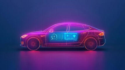 A futuristic neon car design showcasing advanced technology and digital interfaces, perfect for modern automotive concepts.
